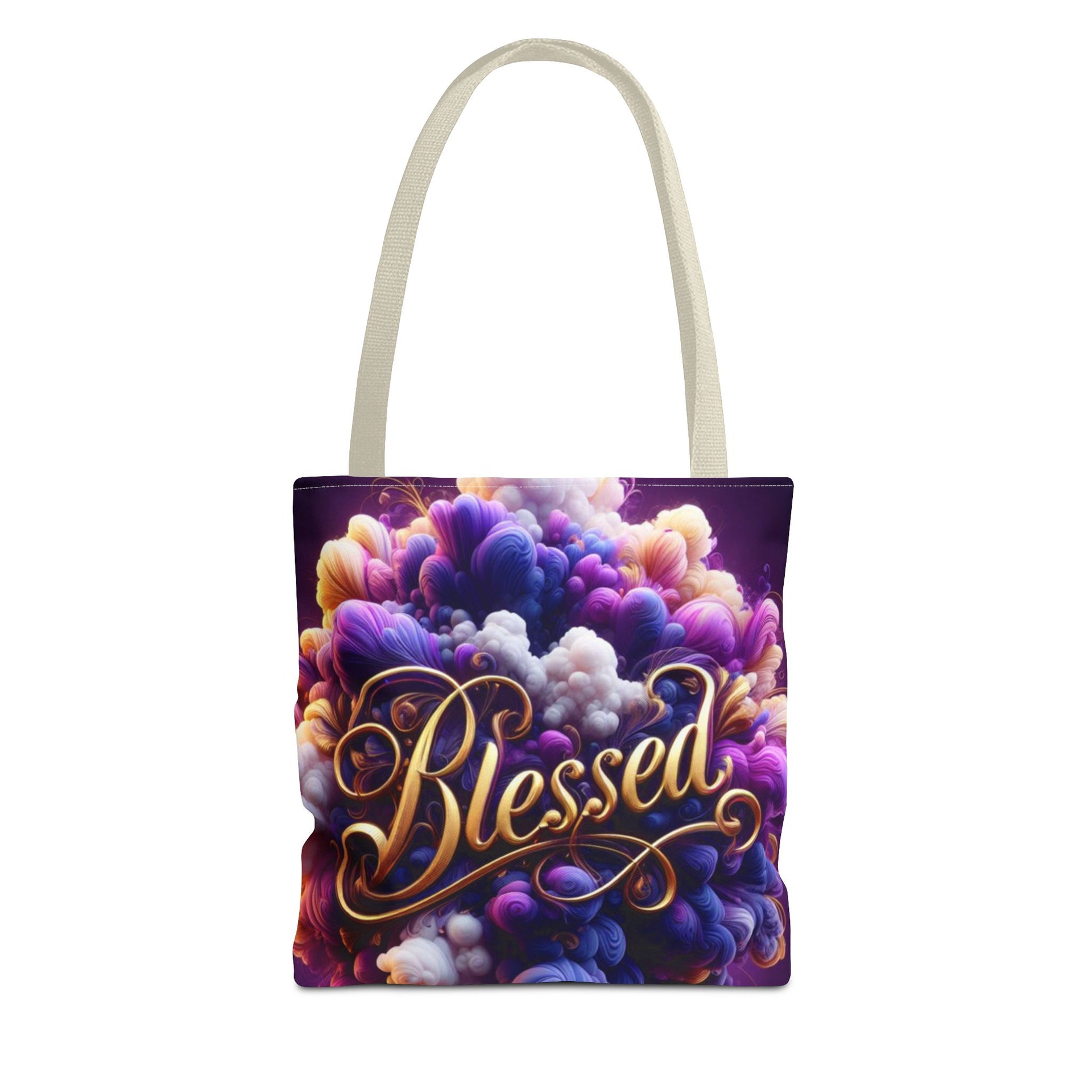 Tote bag with colorful design and 'Blessed' text on a white background