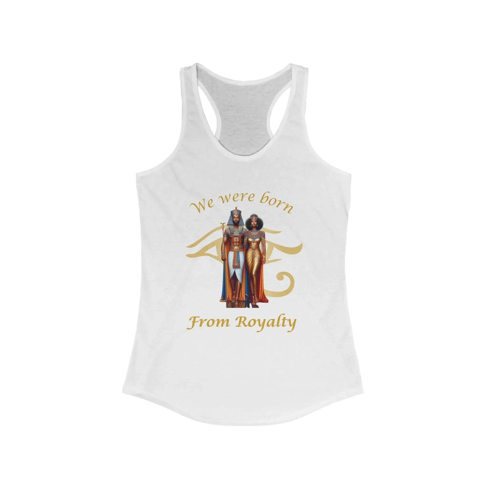 White tank top with graphic design and text on a white background