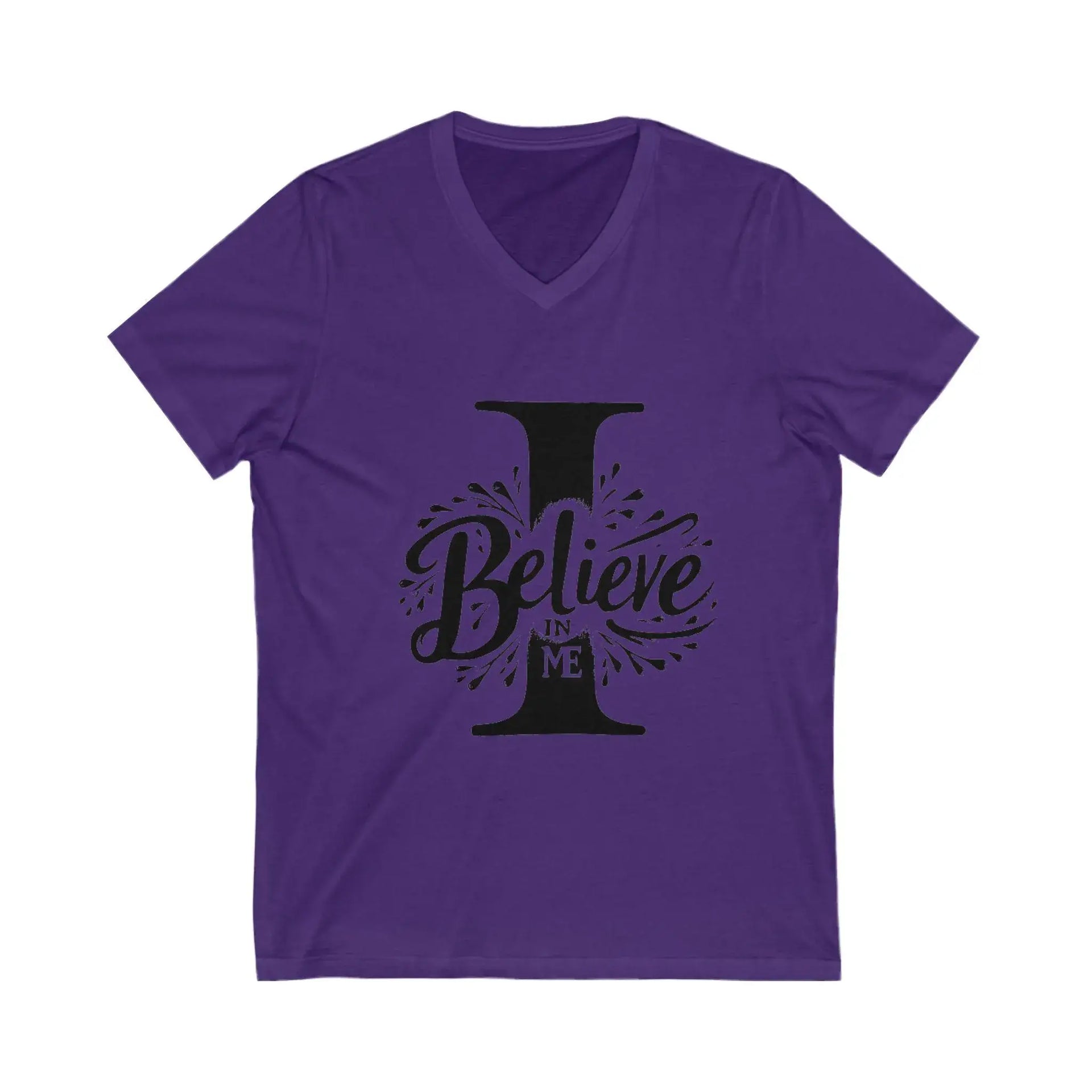 Purple t-shirt with 'I Believe in Me' text design on a white background