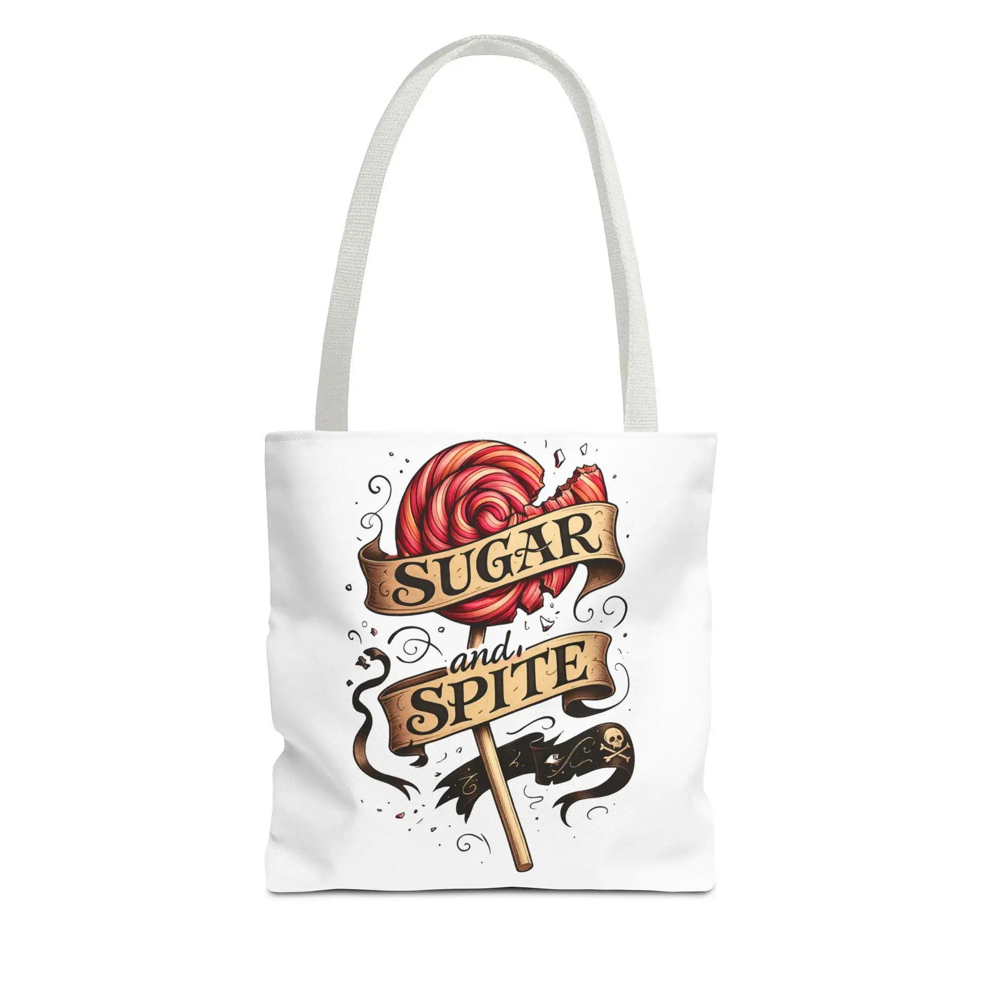 Tote bag with a design of a red rose, banner, and text on a white background