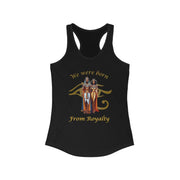 Black tank top with graphic design and text on a white background