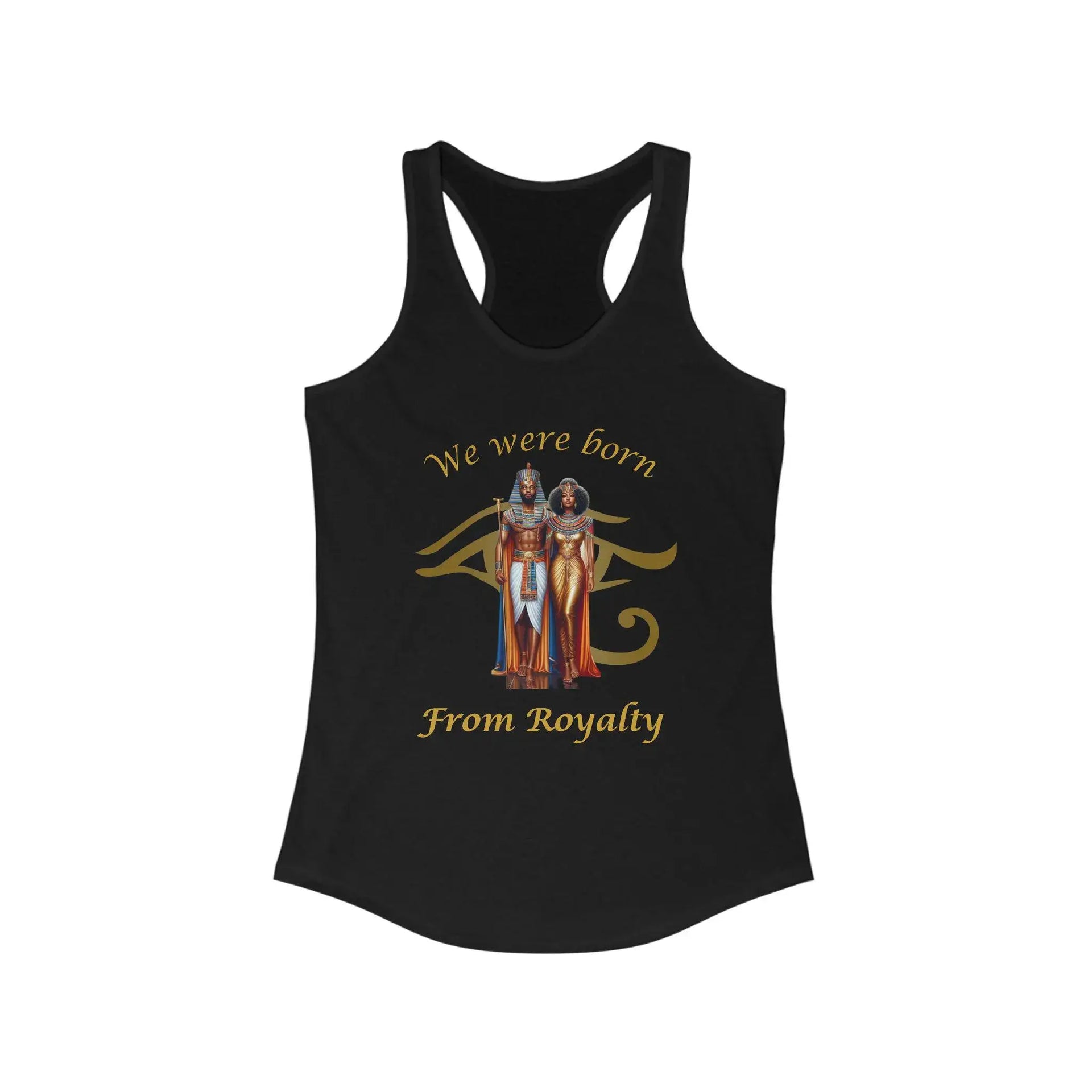 Black tank top with graphic design and text on a white background