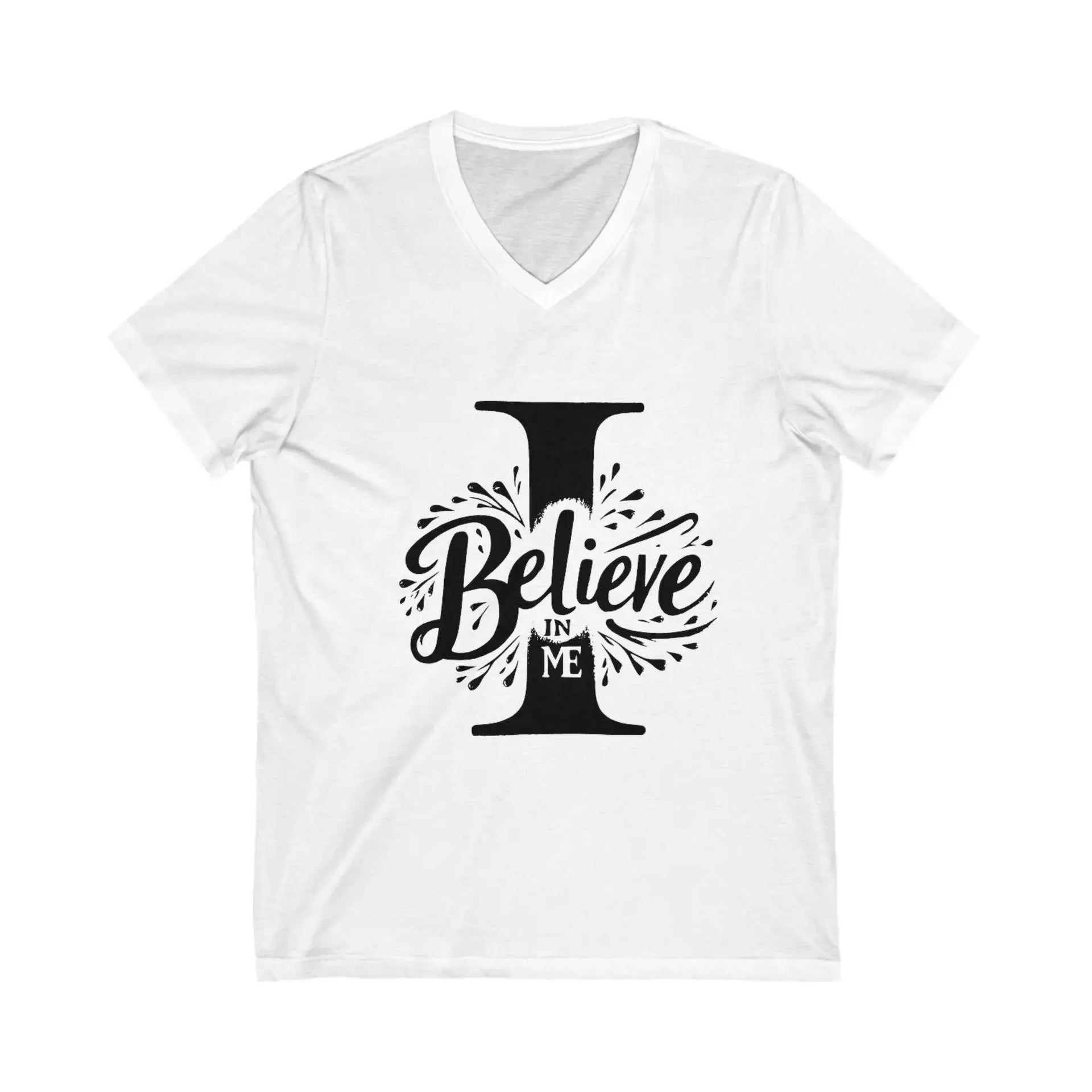 White t-shirt with 'I Believe In Me' text design on a white background