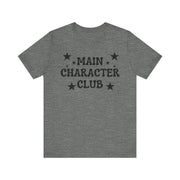 Gray t-shirt with 'Main Character Club' text and stars on a white background