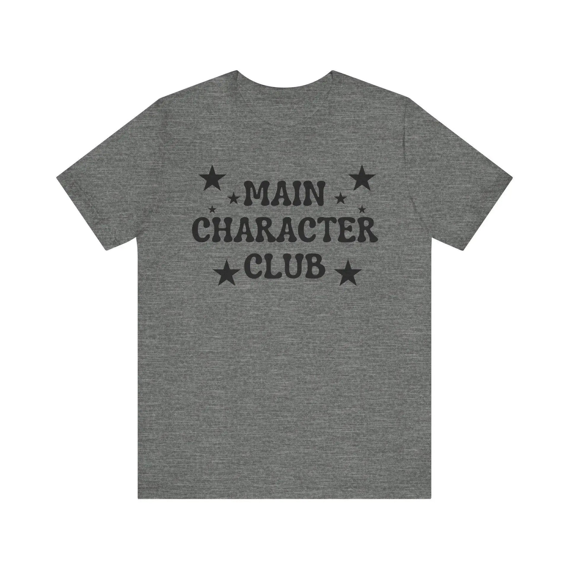 Gray t-shirt with 'Main Character Club' text and stars on a white background