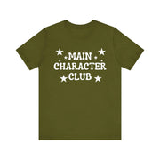 Green t-shirt with 'Main Character Club' text and stars on a white background