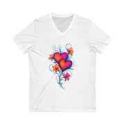 White t-shirt with colorful heart design on a white background