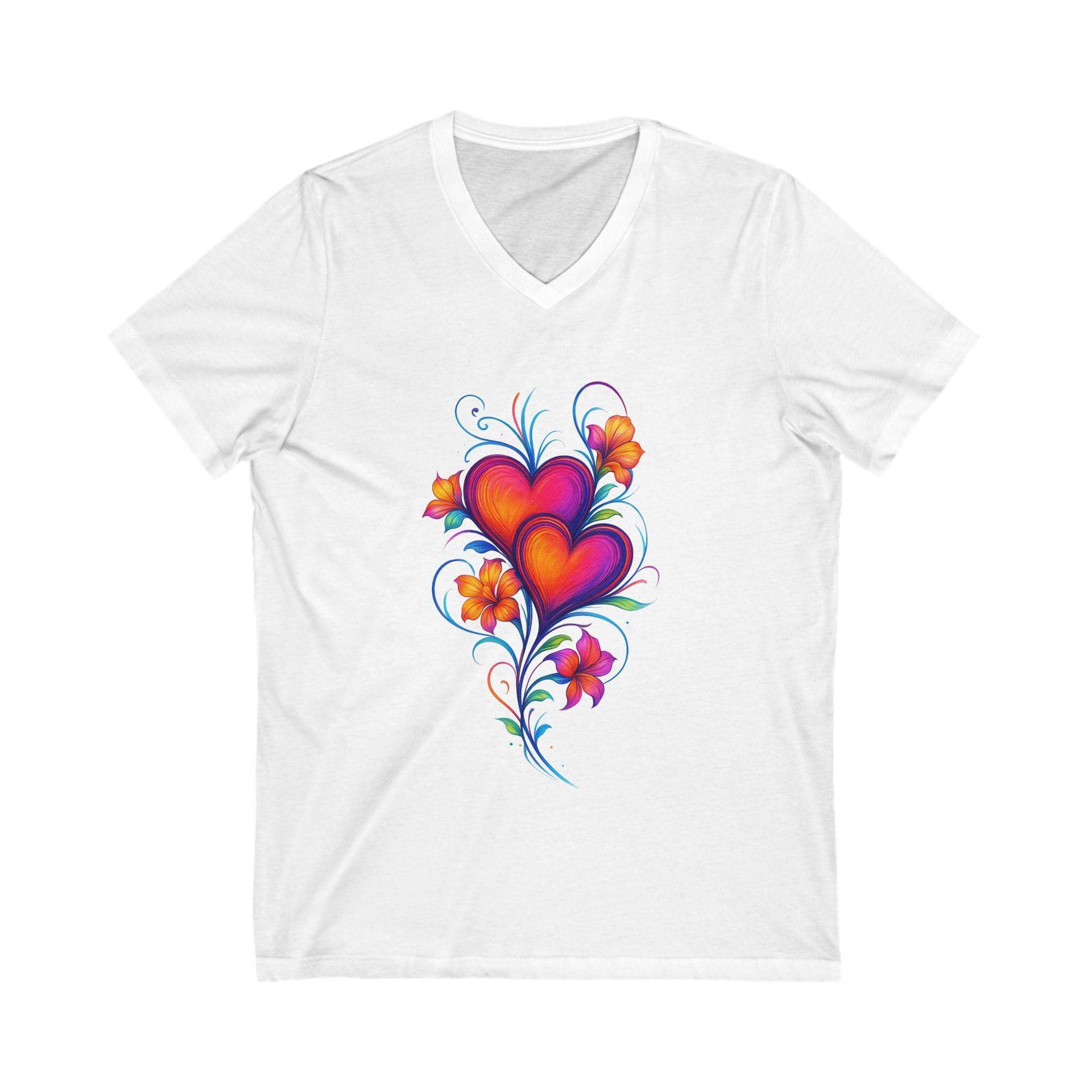 White t-shirt with colorful heart design on a white background