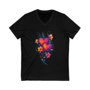 Black t-shirt with a colorful heart design on a white background