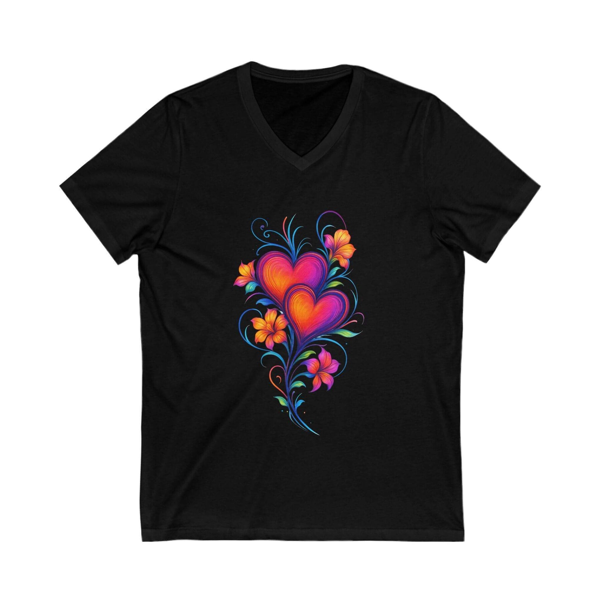 Black t-shirt with a colorful heart design on a white background