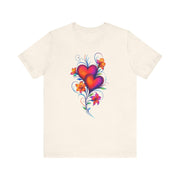 Beige t-shirt with colorful heart and floral design on a white background