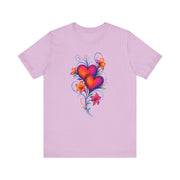 Purple t-shirt with colorful heart design on a white background
