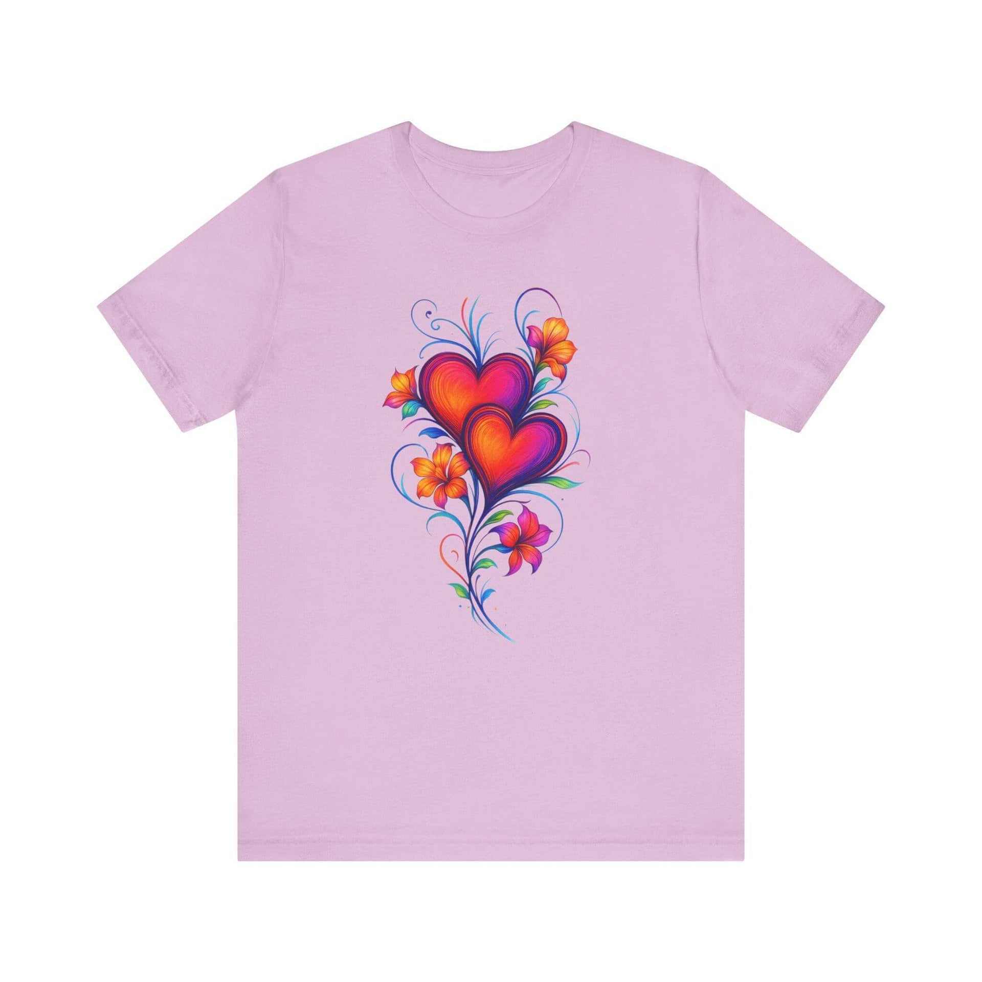 Purple t-shirt with colorful heart design on a white background