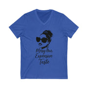 Blue t-shirt with a graphic of a woman with messy hair and sunglasses and text 'Messy Hair Expensive Taste' on a white background.