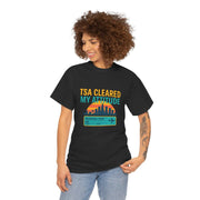 Person wearing a black t-shirt with 'TSA Cleared My Attitude' design on a white background