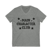 Gray t-shirt with 'Main Character Club' text and stars on a white background