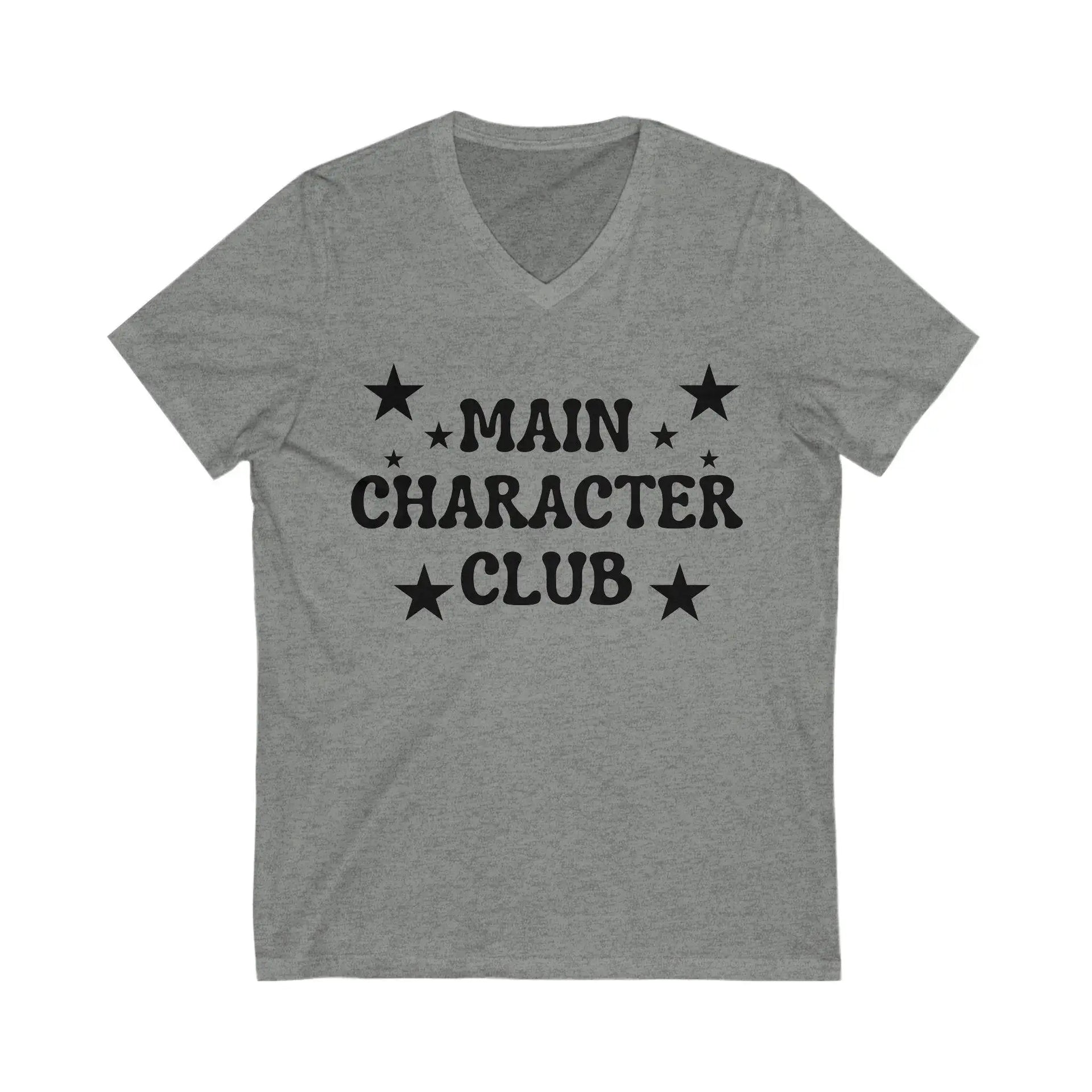 Gray t-shirt with 'Main Character Club' text and stars on a white background