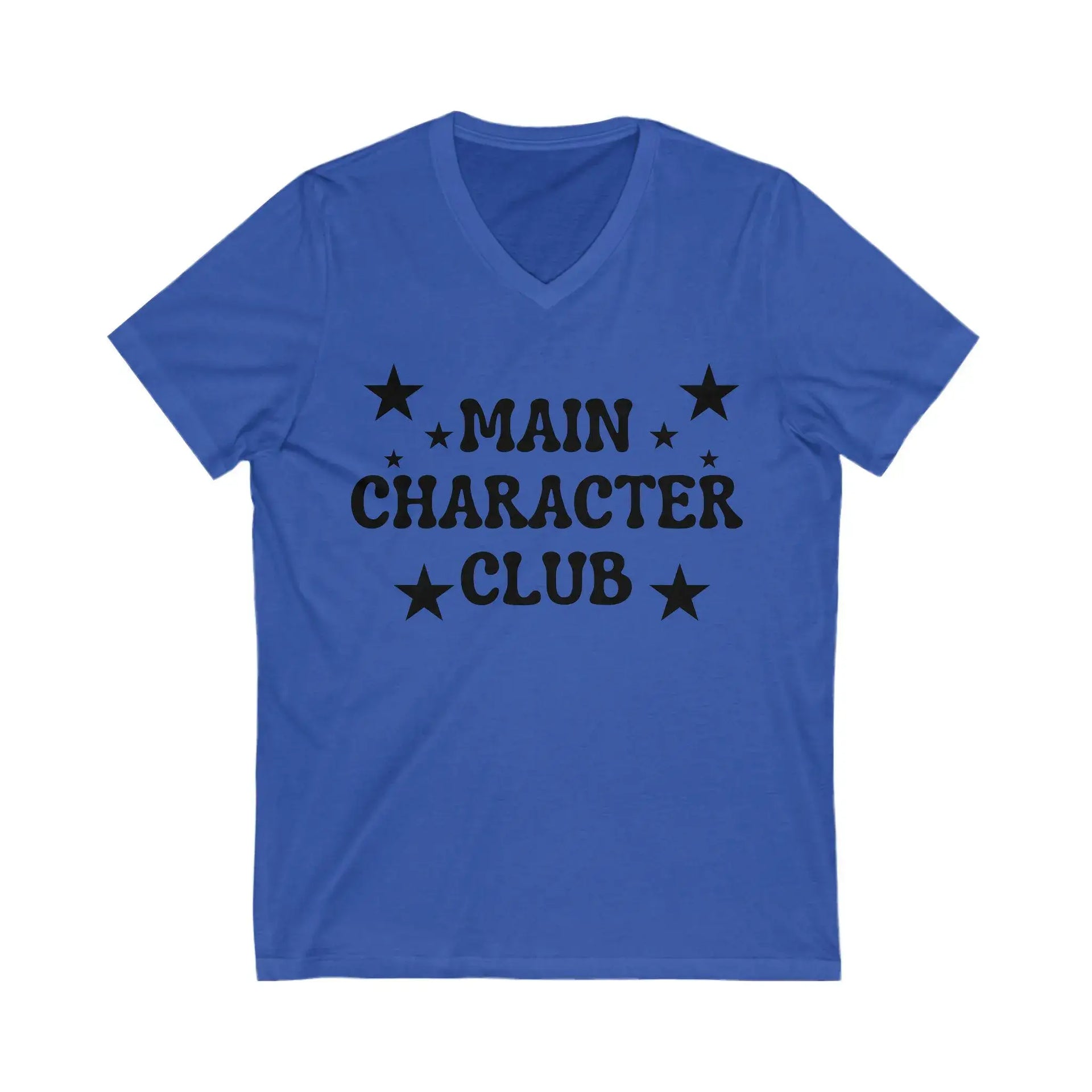 Blue t-shirt with 'Main Character Club' text and stars on a white background