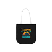 Black tote bag with 'TSA Cleared My Attitude' text and graphic on a white background