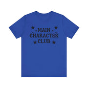 Blue t-shirt with 'MAIN CHARACTER CLUB' text and stars on a white background