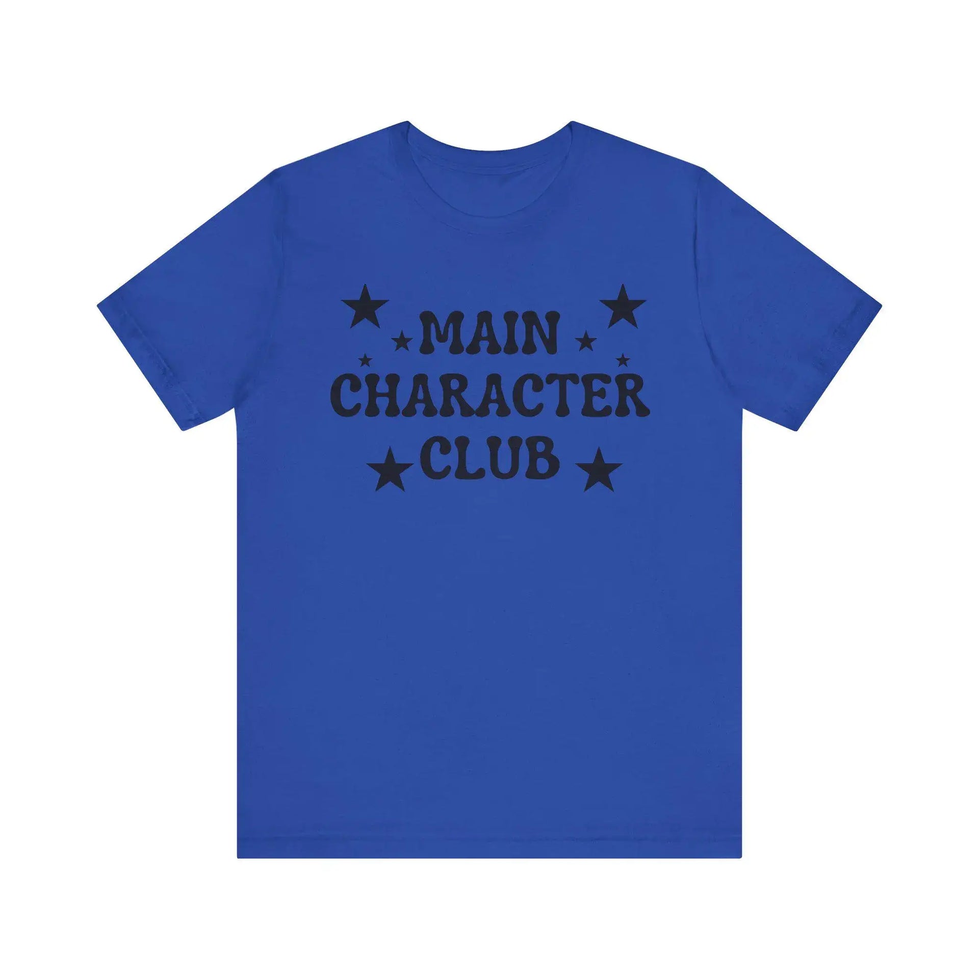 Blue t-shirt with 'MAIN CHARACTER CLUB' text and stars on a white background