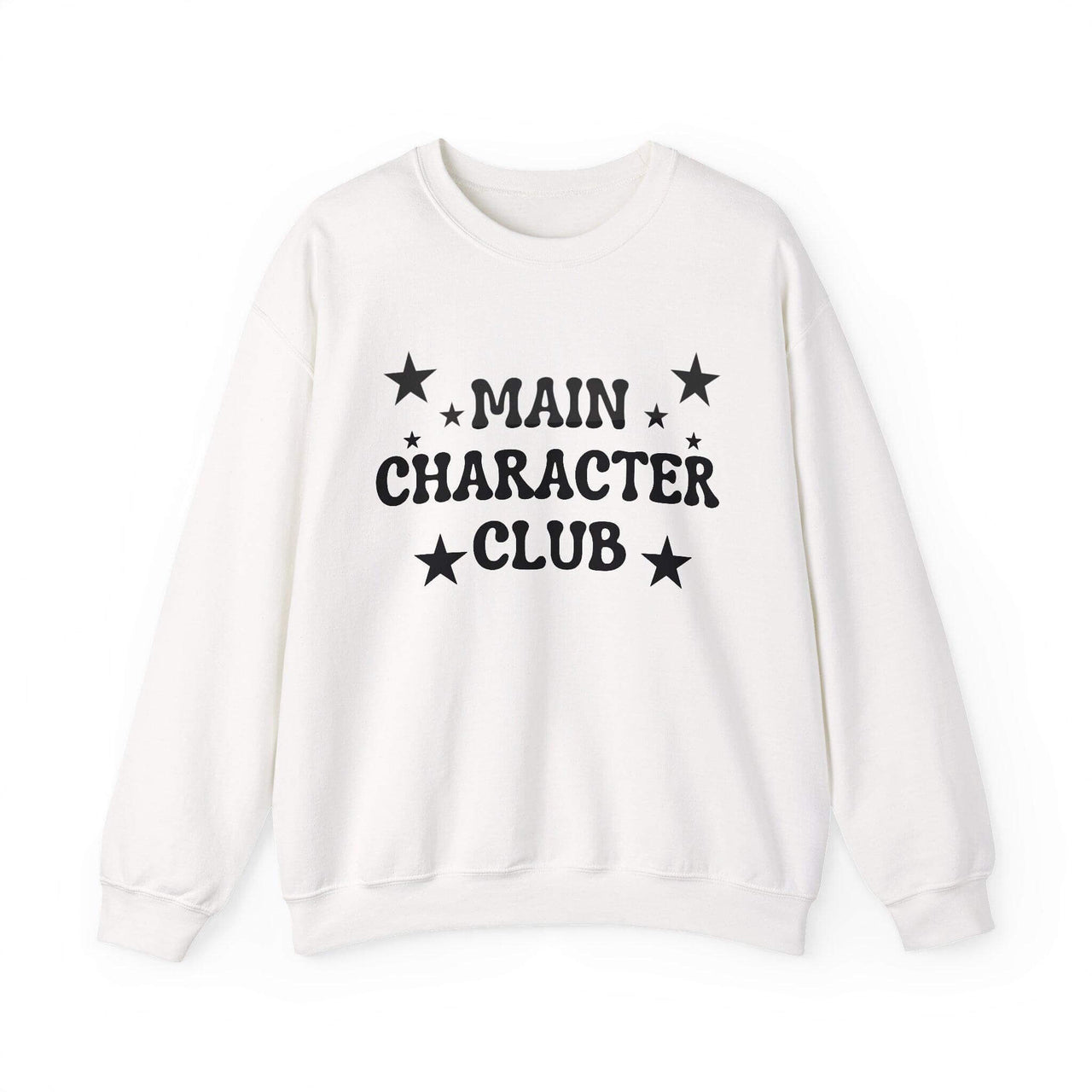 White sweatshirt with 'MAIN CHARACTER CLUB' text and stars on a white background