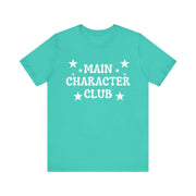 Turquoise t-shirt with 'MAIN CHARACTER CLUB' text and stars on a white background
