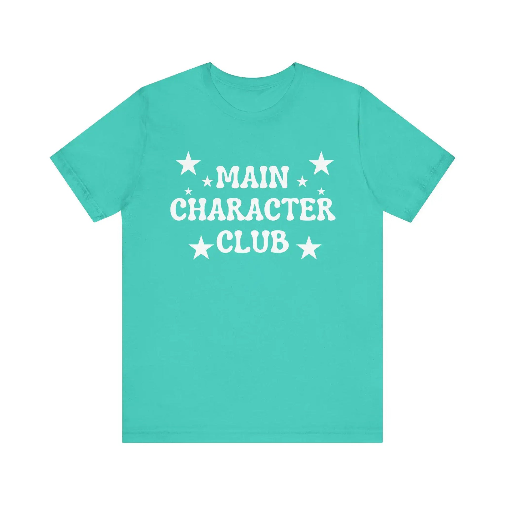 Turquoise t-shirt with 'MAIN CHARACTER CLUB' text and stars on a white background