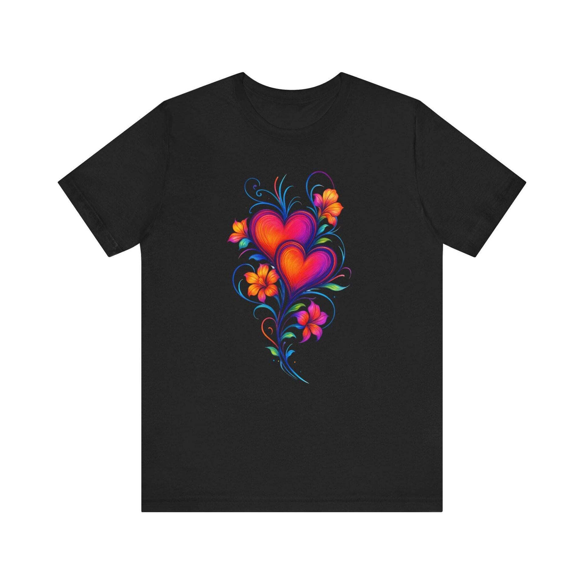 Black t-shirt with colorful heart design on a white background