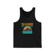 Black tank top with 'TSA Cleared My Attitude' graphic design on a white background