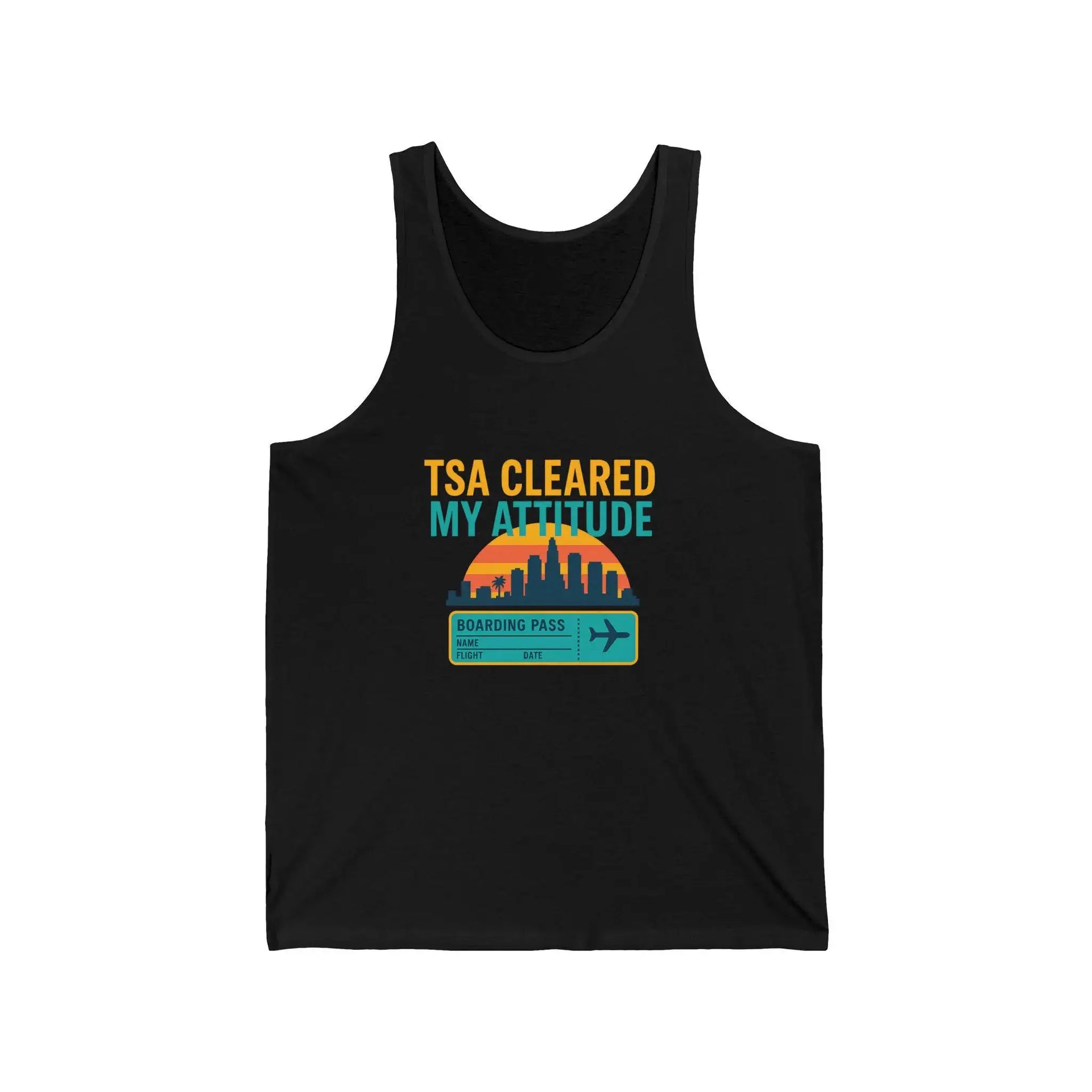 Black tank top with 'TSA Cleared My Attitude' graphic design on a white background