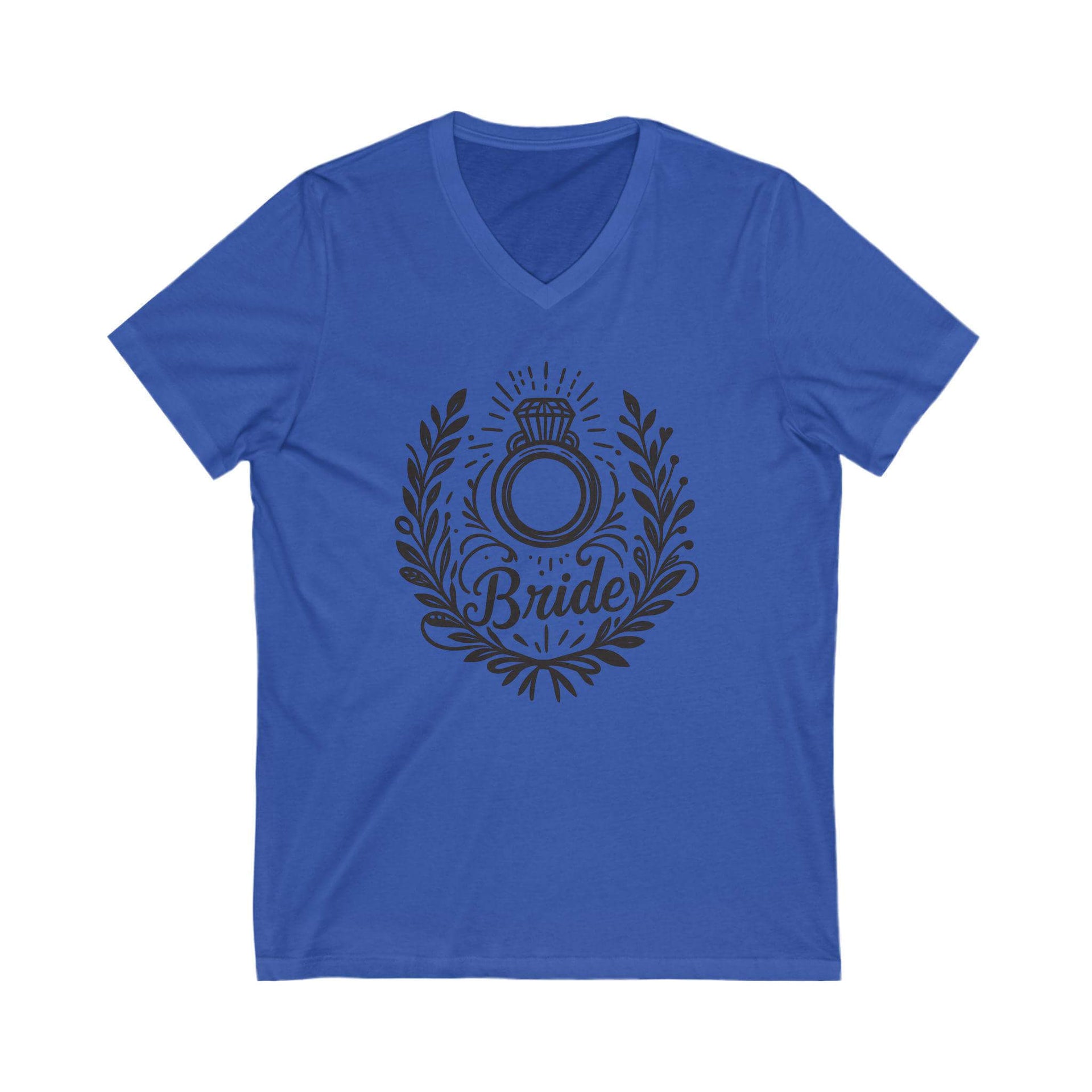 Blue t-shirt with 'Bride' and ring design on a white background
