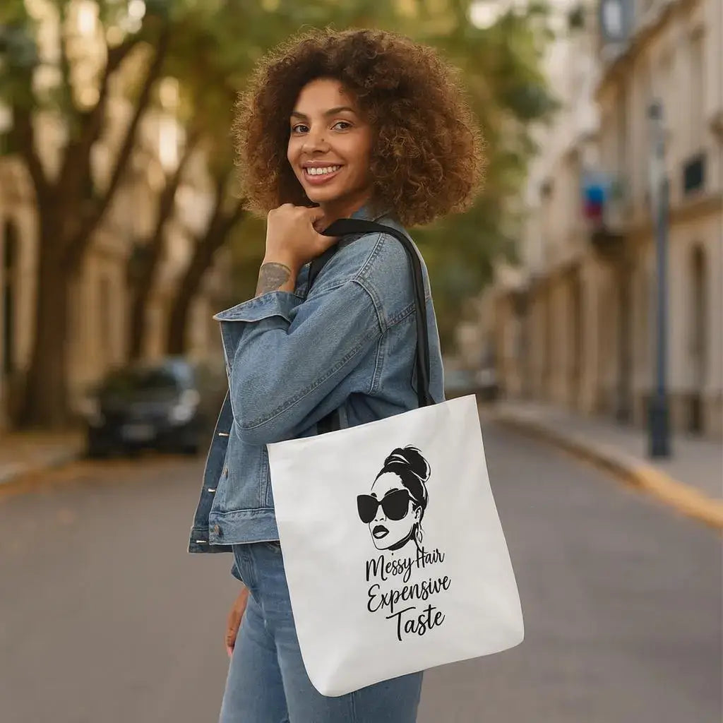 Woman holding a tote bag with a design and text on a street background