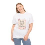 Woman wearing a white t-shirt with a graphic design and text on a white background