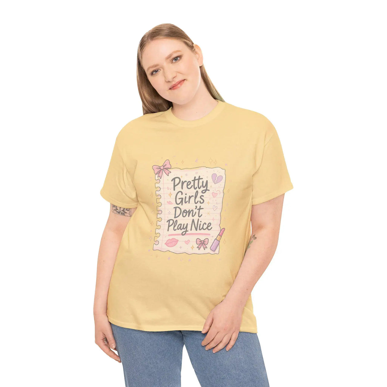 Woman wearing a yellow t-shirt with a graphic design and text on a white background