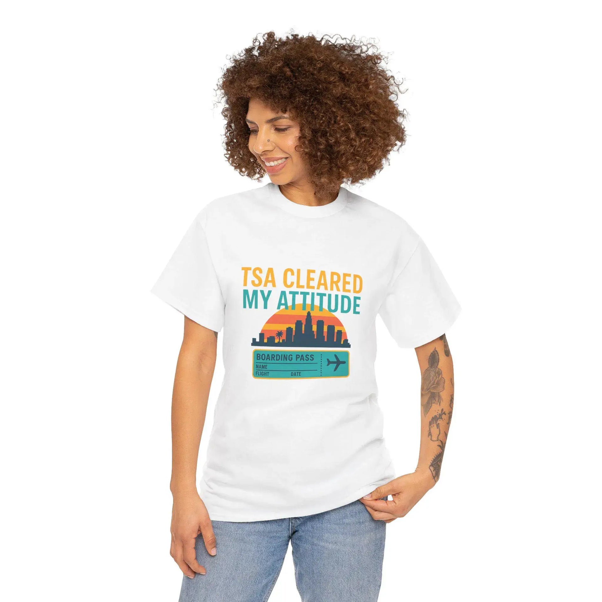Woman wearing a white t-shirt with a colorful graphic and text on a white background
