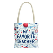 Tote bag with 'My Favorite Teacher' text and educational icons on a white background