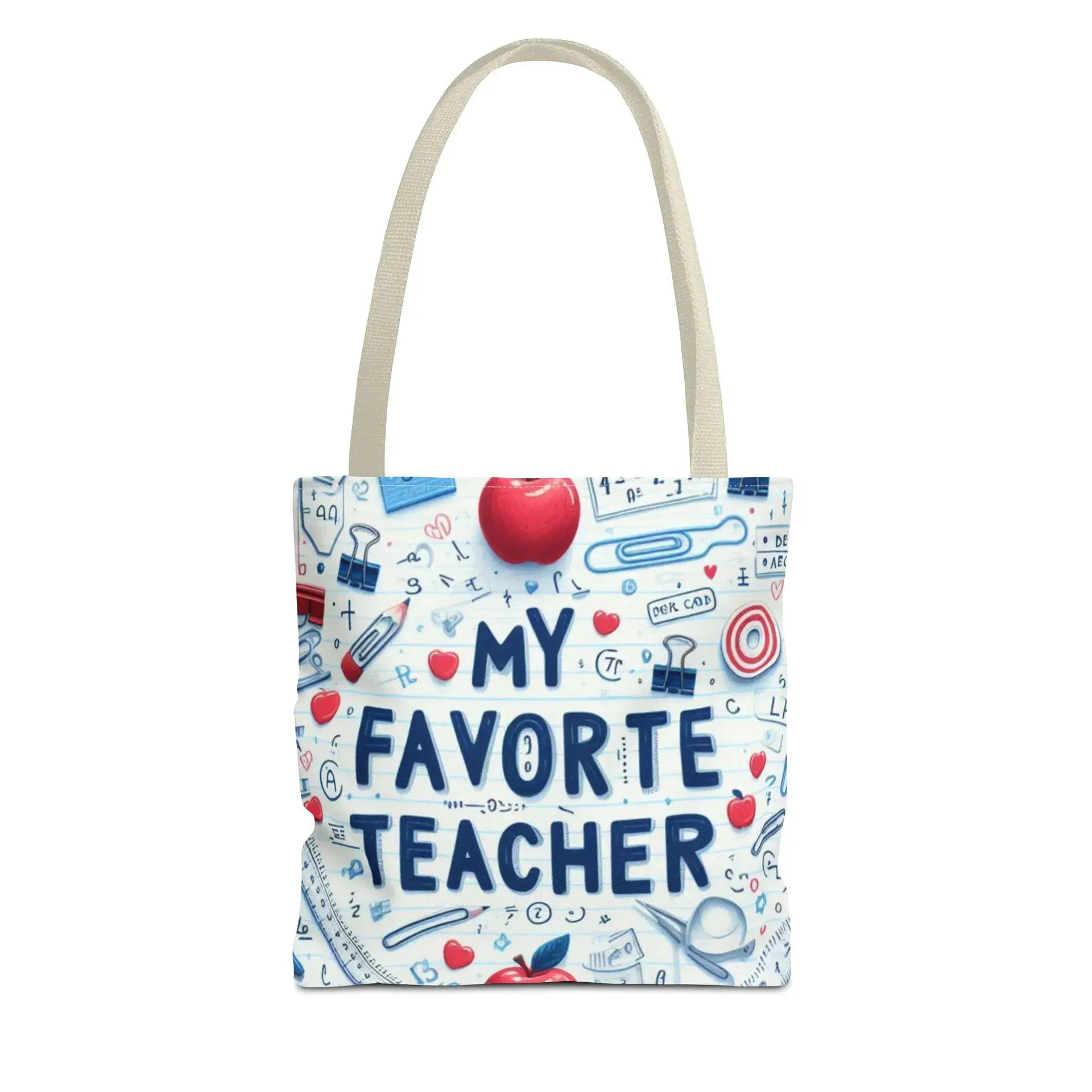 Tote bag with 'My Favorite Teacher' text and educational icons on a white background