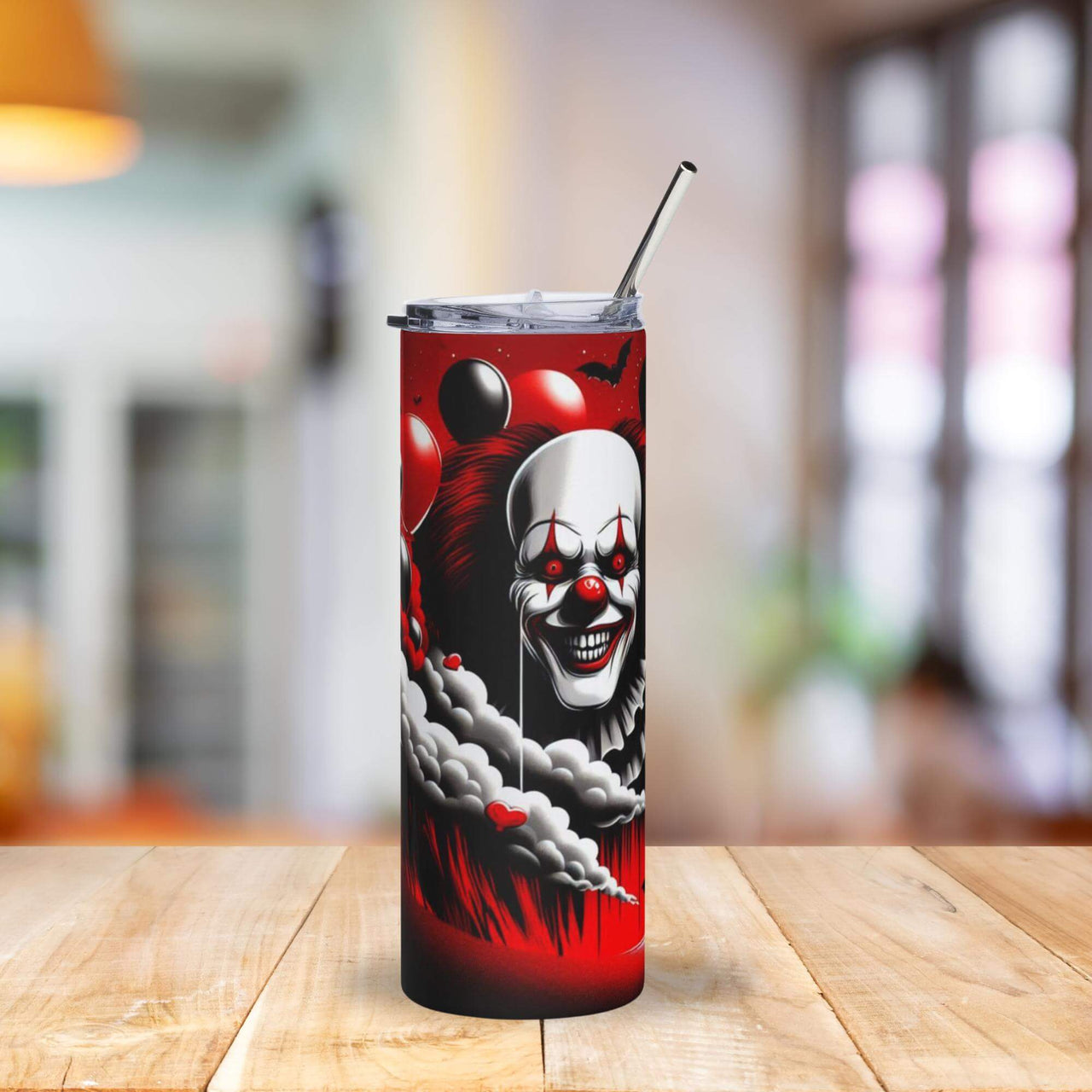 Creepy Clown Horror Tumbler | 20oz Stainless Steel Cup with Red & Black Balloon Design