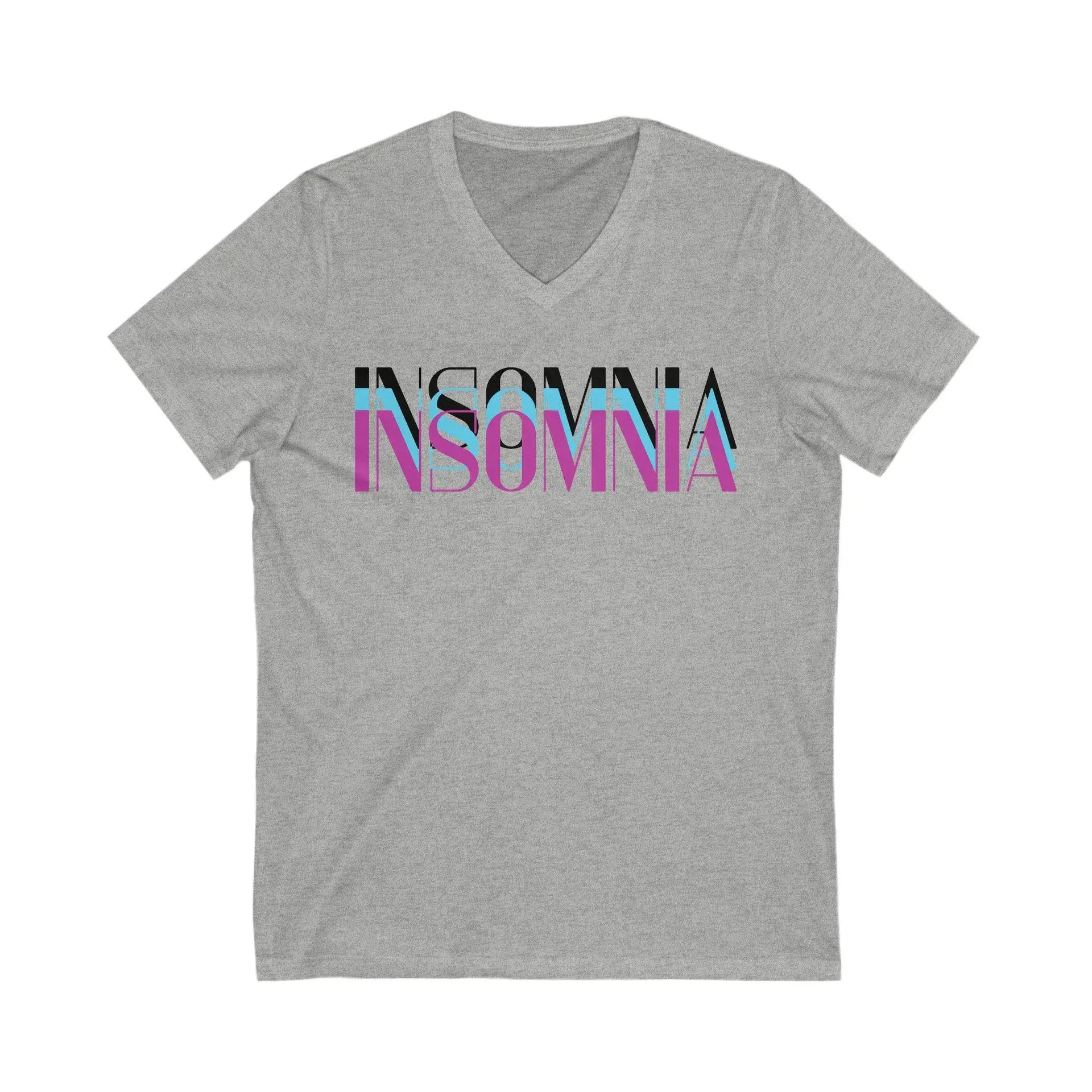 Gray V-neck t-shirt with 'INSOMNIA' printed in colorful letters on a white background