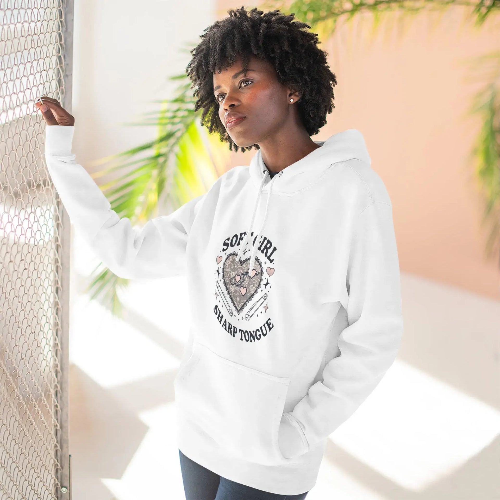 Women’s statement hoodie – Soft Girl Sharp Tongue design, lace heart detail, comfortable cotton-poly fleece