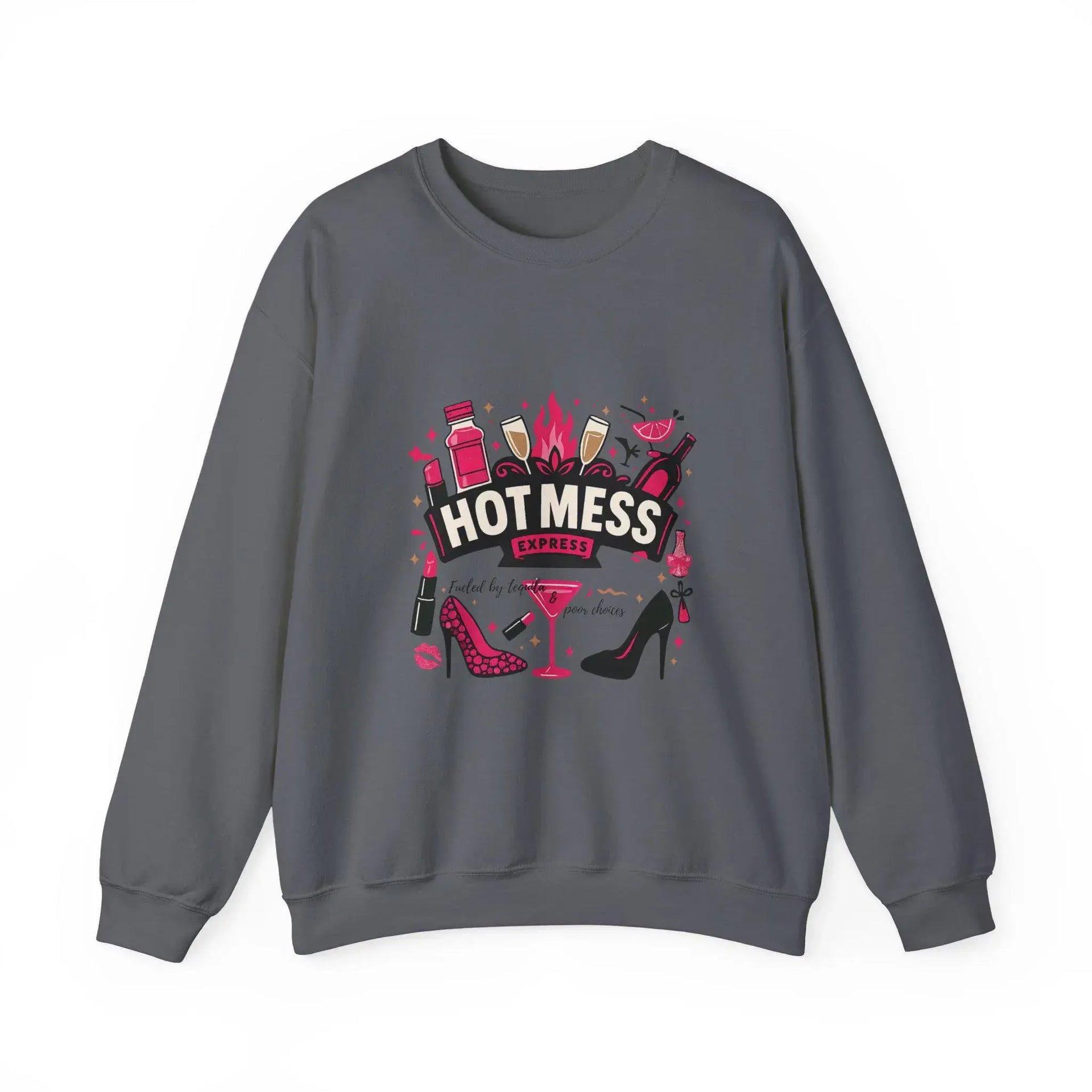 Gray sweatshirt with 'Hot Mess' graphic design on a white background