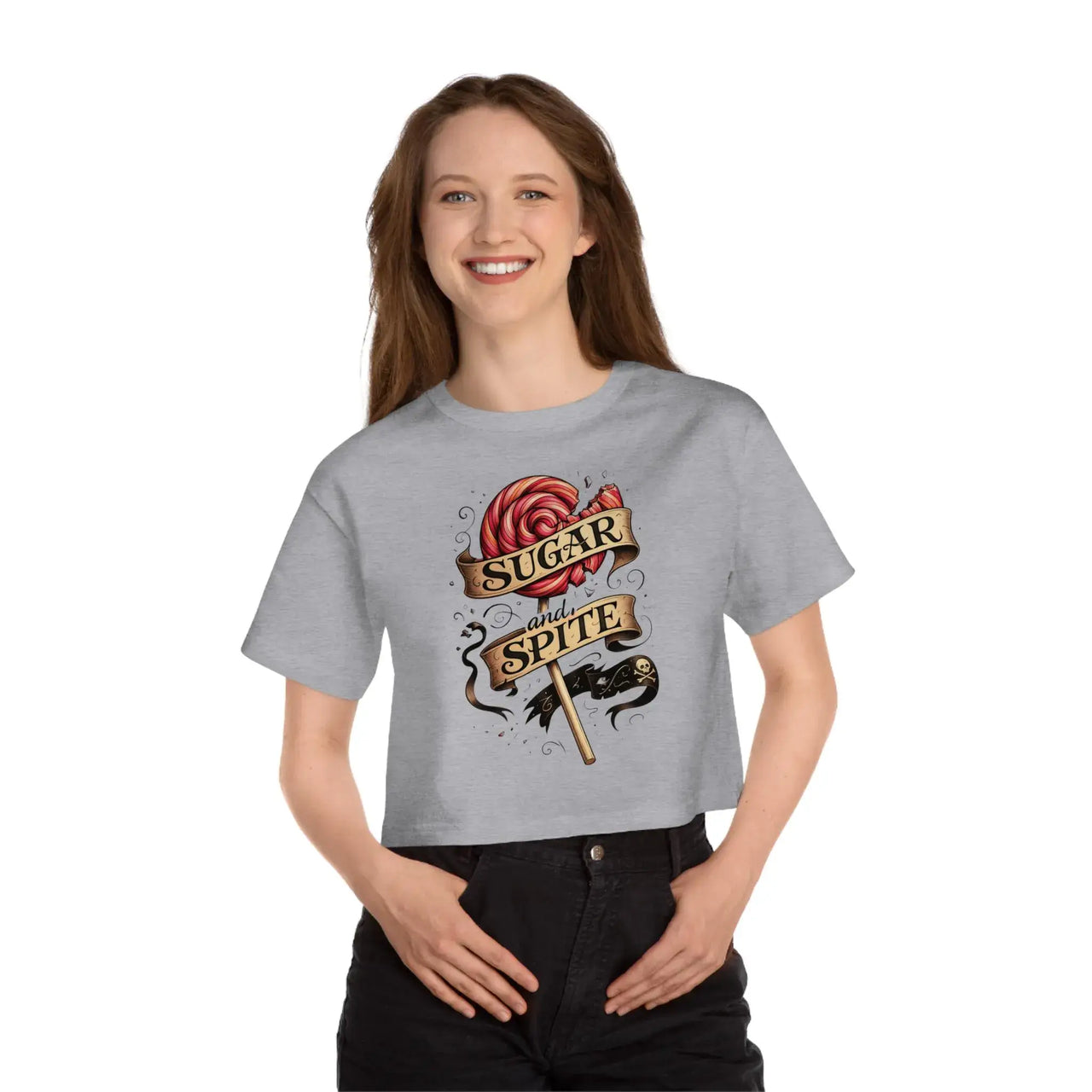 Person wearing a gray t-shirt with a graphic design and text on a white background