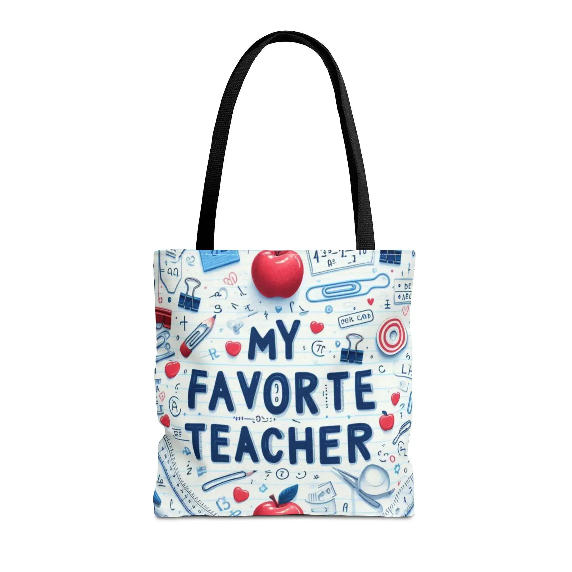 Tote bag with 'My Favorite Teacher' text and educational icons on a white background