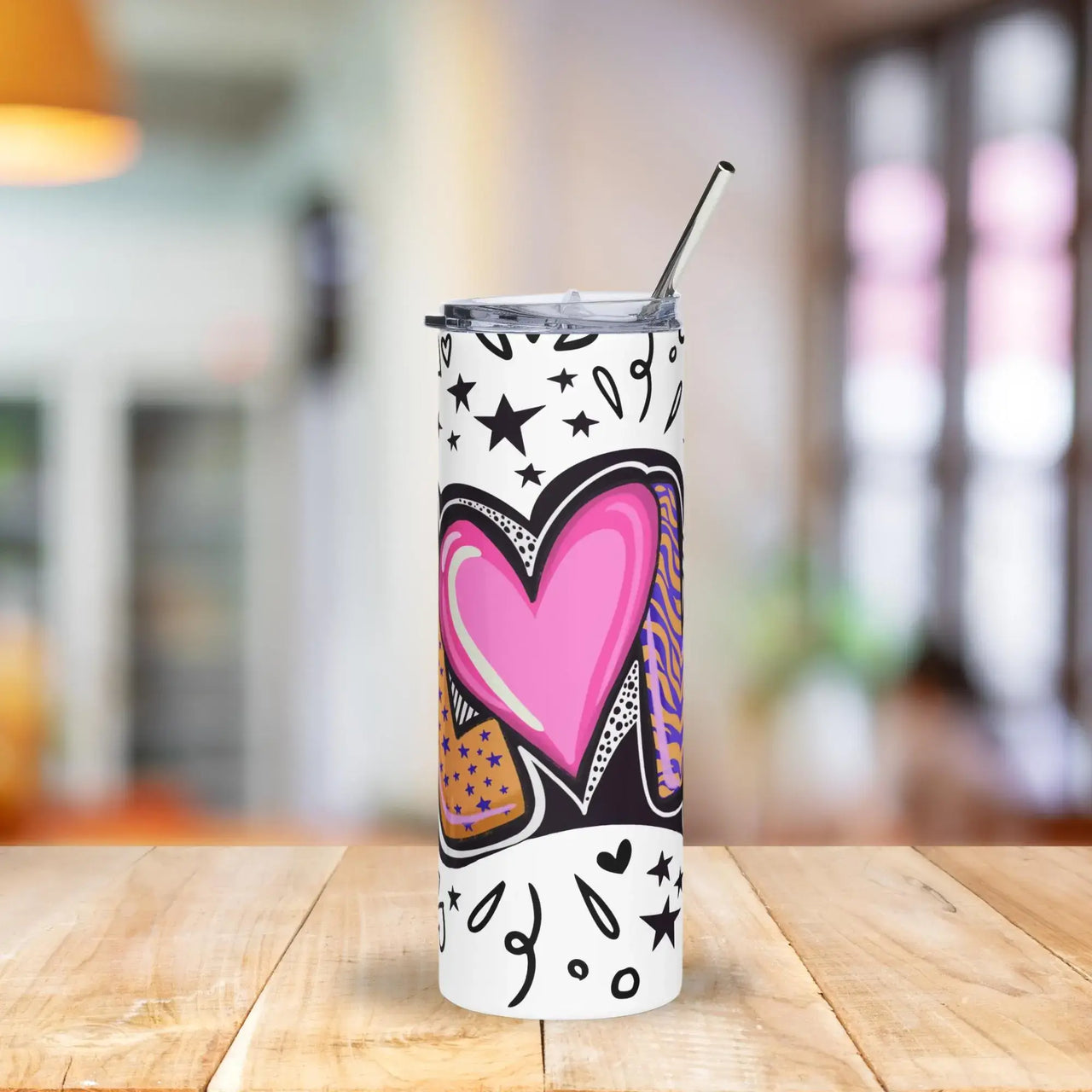 Love Graffiti Tumbler | 20oz Stainless Steel Cup with Bold Hearts & Animal Print