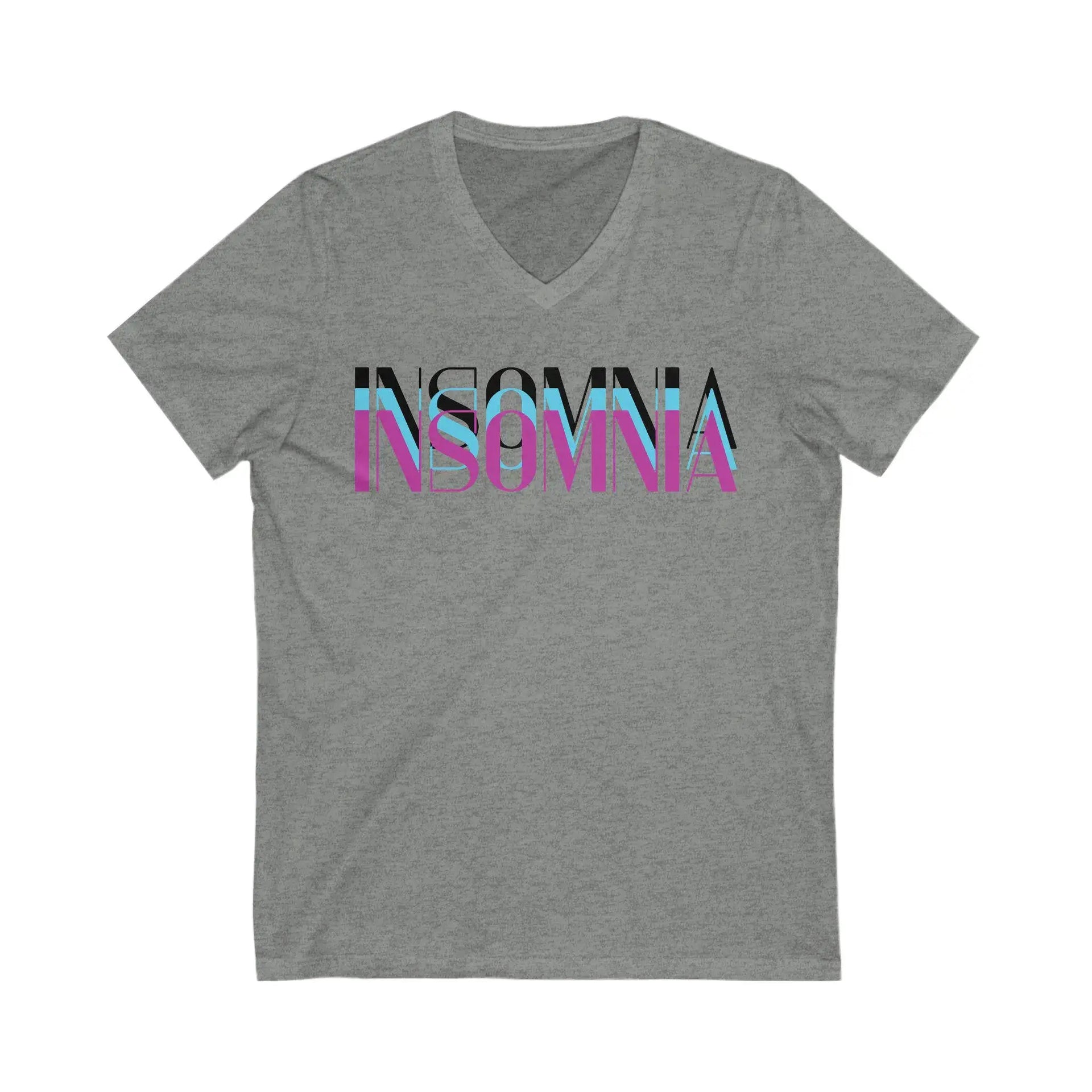 Gray t-shirt with 'INSOMNIA' printed in colorful letters on a white background