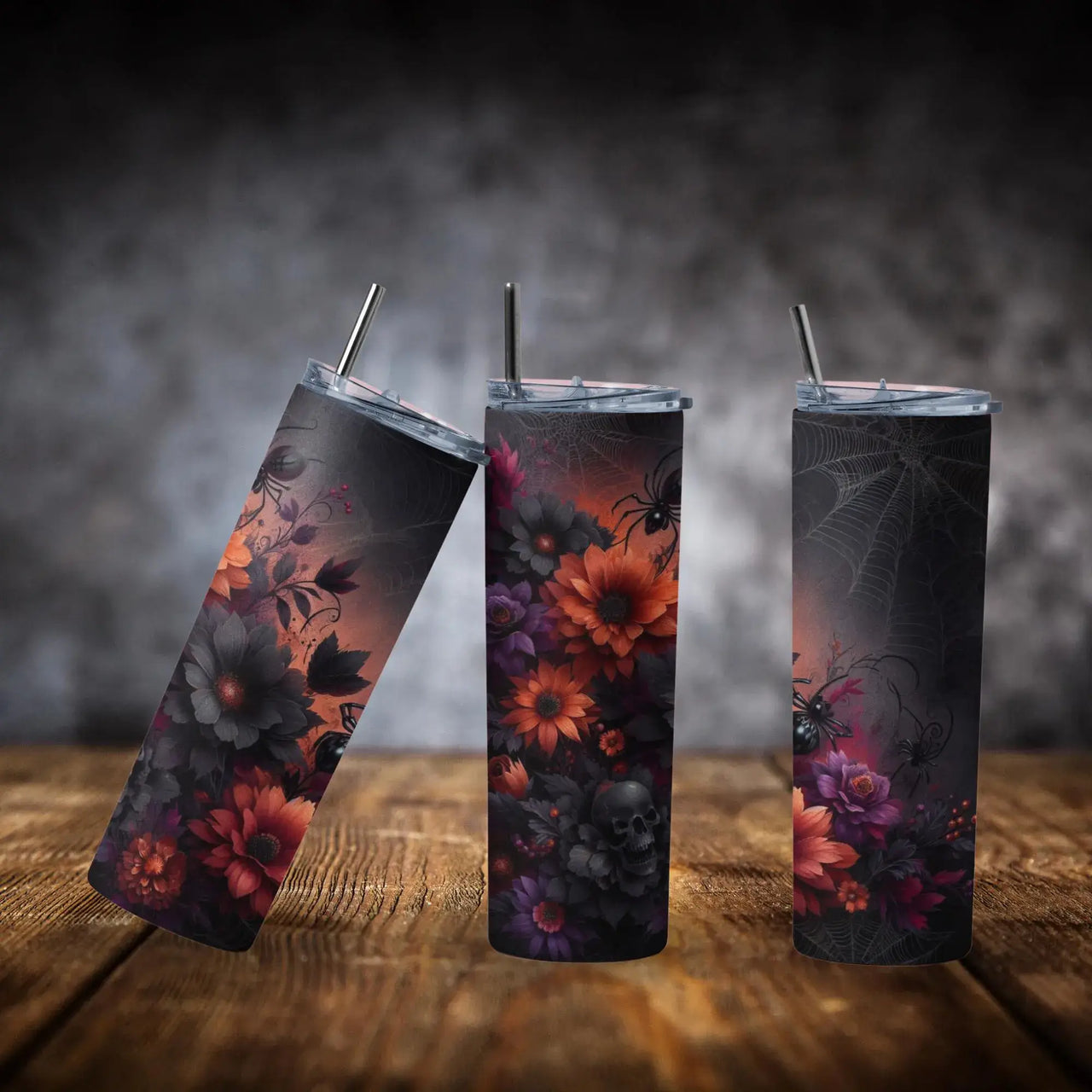 Dark Autumn Floral Spiderweb Tumbler | 20oz Stainless Steel Cup with Orange & Black Blooms