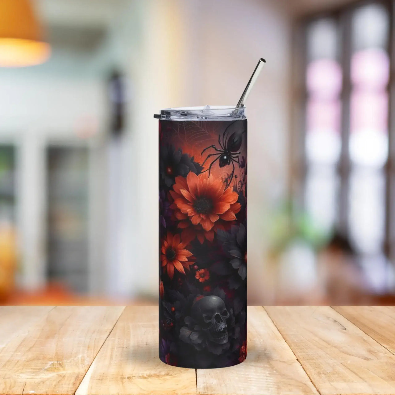 Dark Autumn Floral Spiderweb Tumbler | 20oz Stainless Steel Cup with Orange & Black Blooms