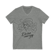 Gray t-shirt with a woman's face and 'Divine energy' text on a white background