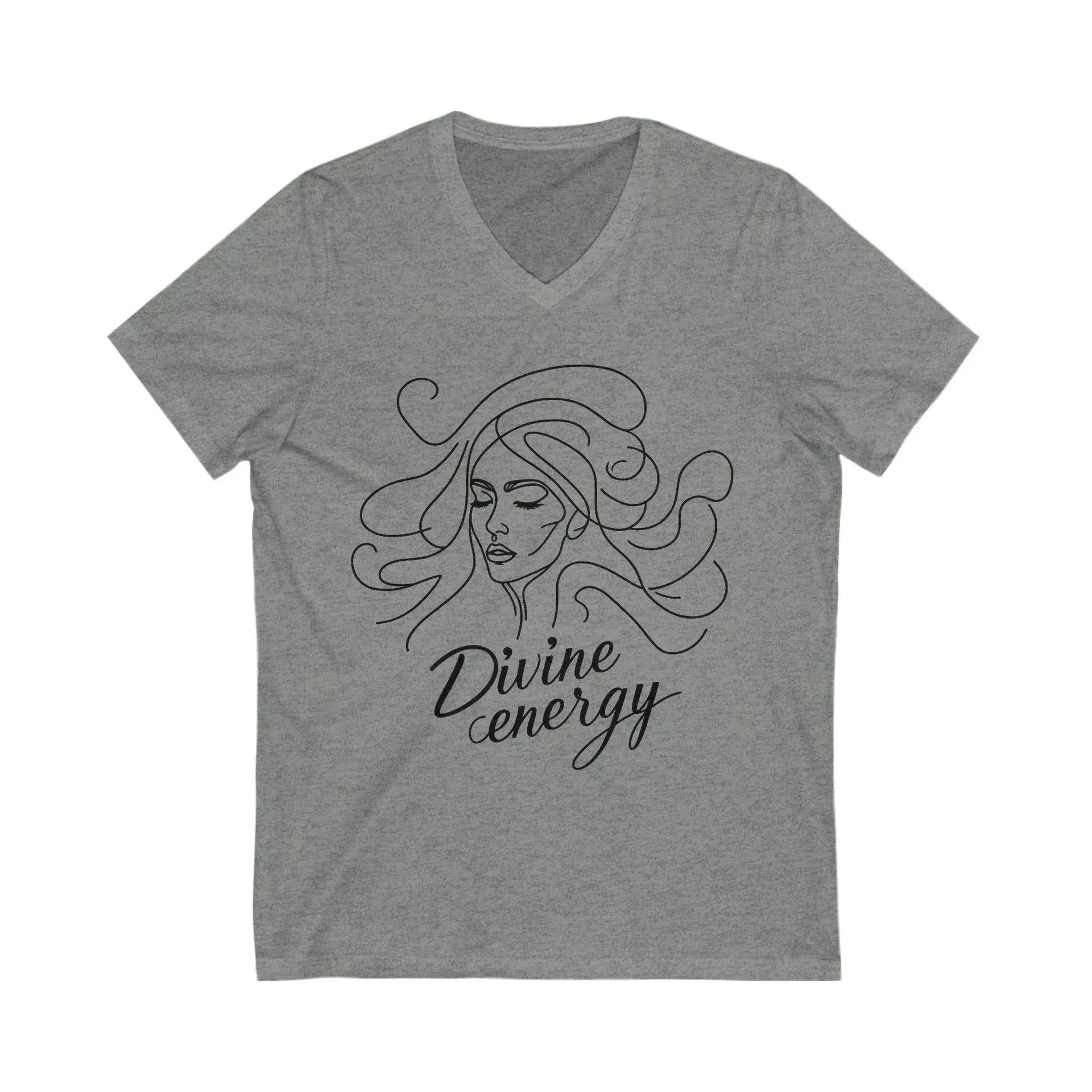 Gray t-shirt with a woman's face and 'Divine energy' text on a white background